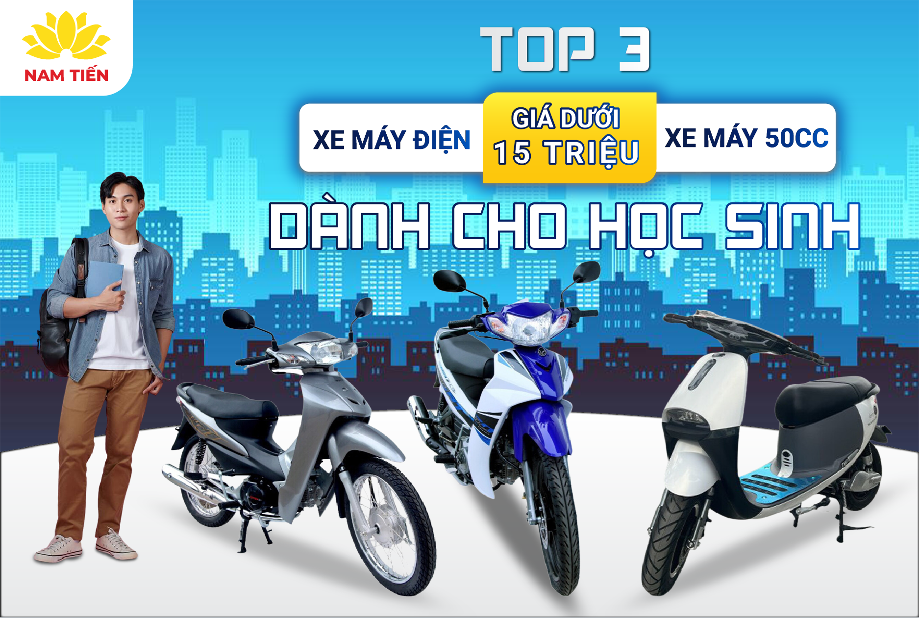 Top 3 mẫu xe máy điện, xe máy 50cc dưới 15 triệu dành cho học sinh